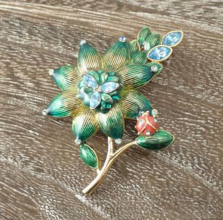 Vintage Monet Green Enamel Blue Rhinestone Flower Ladybug Gold Tone Pin Brooch