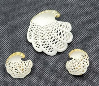 Vintage Monet Brooch Clip On Earrings White Enamel Shell Set Estate Jewelry