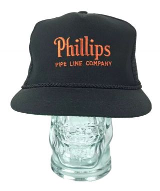 Vtg Phillips Pipe Line Co Black Strapback Trucker Hat Gas & Oil Advertise Cap