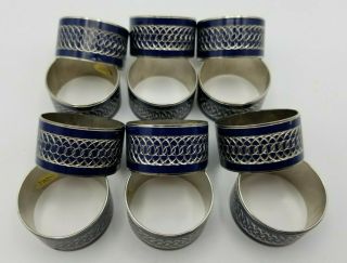 Vintage Blue & Silver Napkin Rings Set Of 12.  Made In Hong Kong.  Gorgeous