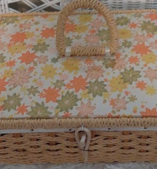Vintage Dritz Sewing Basket Box 1950s 1960s Wicker Japan RARE Yellow Floral 2