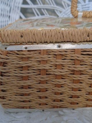 Vintage Dritz Sewing Basket Box 1950s 1960s Wicker Japan RARE Yellow Floral 3