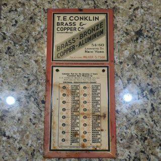 Vintage Tin T.  E.  Conklin Brass & Copper Fractions To Decimals Sign