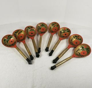 8 Vintage Russian Khokhloma Handcrafted Hand Painted Wooden Spoons