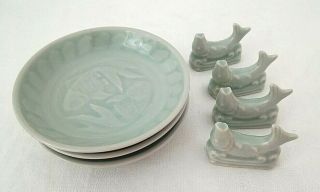 4 Vintage Lillian Vernon Celadon Green Ceramic Chopstick Holders & 3 Sauce Plate