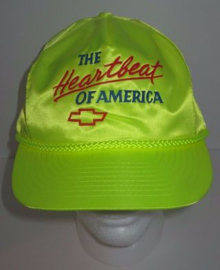Vtg - Heartbeat Of America - Chevrolet Chevy Hat - Satin Neon Yellow - Zip Back