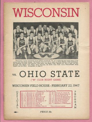 Vintage 1947 University Of Wisconsin Badgers Basketball Program Vs Ohio State