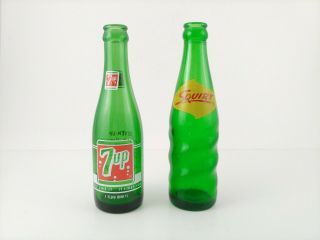 Vintage 7 Bubbles 1968 7up & 1958 Squirt Soda Pop Bottles Green Glass 7 Ounce