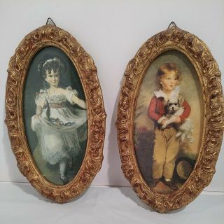 2 Vintage Florentia Decorative Prints Of Girl/boy Italy Framed Oval Gold 4 " X8 "