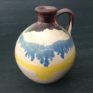 Vintage Drip Glazed Jug Vase Brown Blue Yellow Peach Colors Handled