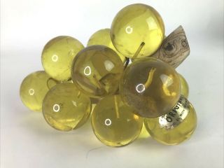 Vintage Large Mid Century Lucite Glass Yellow Grape Cluster On Driftwood