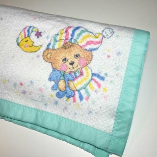 Riegel Vintage Baby Crib Blanket Sleepy Bear Satin Trim 36 " ×45 " Made In Usa