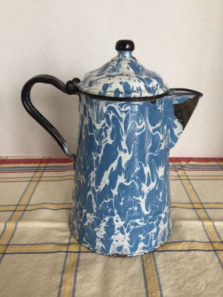 Vintage Light Blue & White Swirl Graniteware Enamelware Coffee Pot W/hinged Lid