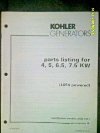 Vintage Kohler 4/5 /6.  5/ 7.  5 Kw Generator Spec.  Series 1061 Parts Listing Tp - 1037