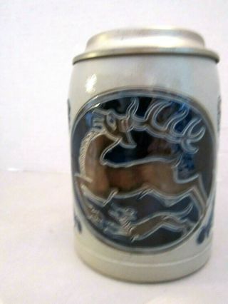 Vtg Ceramic Beer Stein Rein - Zinn Hinged Lid Blue Salt Glaze Deer & Dog Goebel
