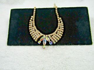 Vintage Aurora Borealis Rhinestone Gold Tone Choker Necklace
