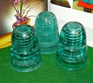Vintage,  Rustic,  Antique H.  C.  Co.  Green Glass Insulators,  Set Of 3 - Made In Usa