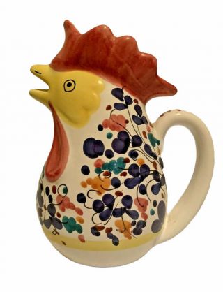 Large Hand Painted Italian Rooster Pitcher 11” Vintage Ceramic Bird Drink Server
