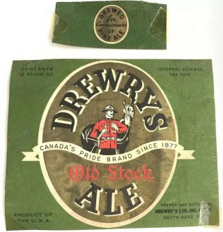Irtp Vintage Drewry’s Ale Old Stock Beer Label South Bend Indiana & Neckband