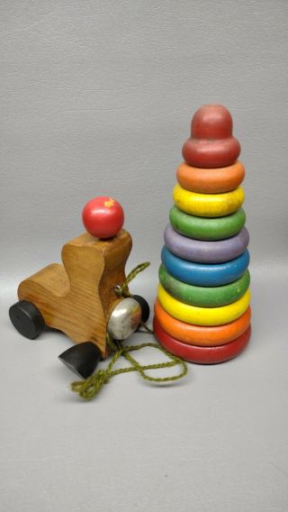Vintage Wood Toys Play Things,  Stacking Donuts & Seal Pull Toy