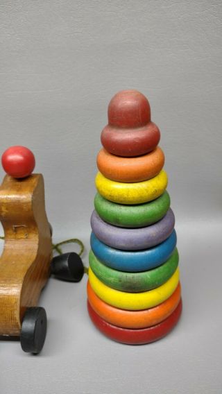 Vintage Wood Toys play things,  stacking donuts & seal pull toy 3
