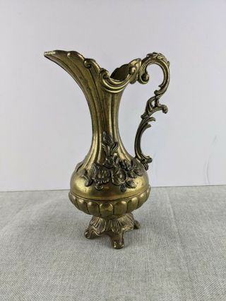 Vintage Ornate Brass Colored Metal Pitcher Made In Italy Hollywood Regency