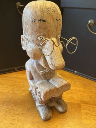 Vintage Wood Figure Folk Art Man With Glasses Reading Hand Carved 10 1/2”