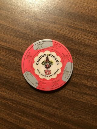 Circus Circus Hotel Casino Vintage Chip $5 Pink With Clown Las Vegas Nevada