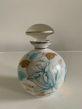 Glass Perfume Bottle W Stopper Hand Painted Flowers Vintage Vanity Decor 4.  5 " H