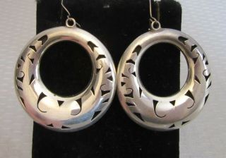 Vtg Mexico 925 Sterling Silver Hoop Earrings 3d Carved Shadowbox Dangly Drop