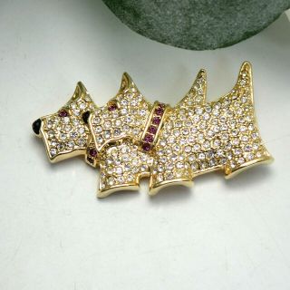 Vintage Pave Rhinestone Pair Scotty Dogs Gold Tone Pin Brooch By Napier