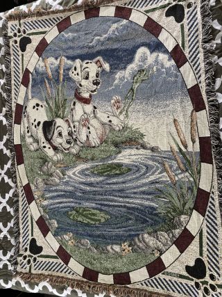 Vintage Disney 101 Dalmatians Woven Tapestry Fringe Throw Lap Blanket Dog Puppy