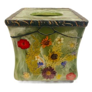 Vintage Real Pressed Flowers Resin Tissue Box Cover Bed Bath & Beyond Floral