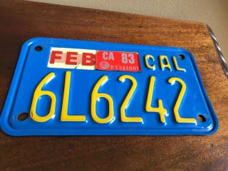 Vintage California Ca Cal Motorcycle License Plate 1983 Sticker F1341601 Blue