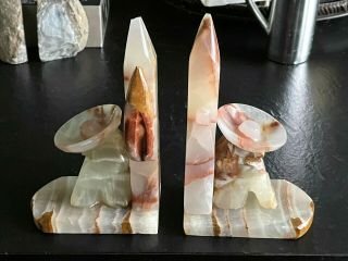 Vtg Mexican Carved Onyx Marble Bookends Southwest Saguaro Cactus Men W/sombrero