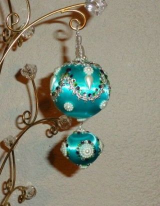 June Zimonick Vintage Beaded Jeweled Double Aqua Blue Satin Christmas Ornament