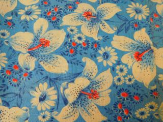 Vintage Cotton Printed Feedsack Quilt Fabric Blue Red Tiger Lily Daisies 43x41 "