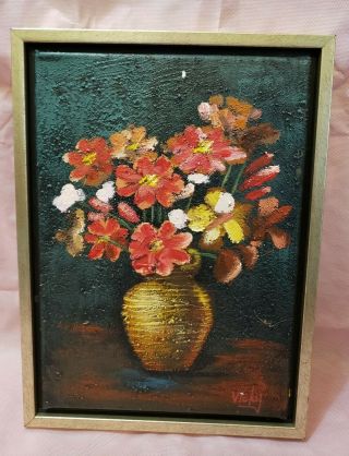 Vtg Oil On Canvas Ooc Signed Vicky Smith Floral Vase Wall Painting Art