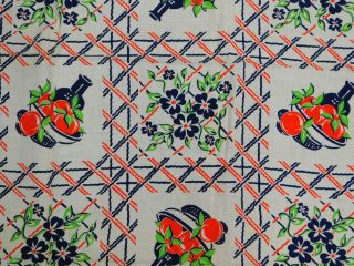 Vintage Cotton Printed Feedsack Quilt Fabric Navy Blue Red Fruit Pottery 38x45 "
