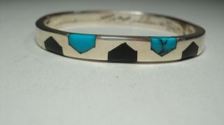 Heavy Vintage Taxco 925 Sterling Silver Turquoise & Blk Onyx Hinged Bracelet