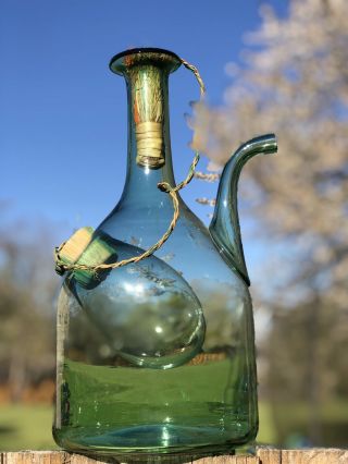 Vintage Hand Blown Italian Green Glass Wine Decanter With Ice Chamber