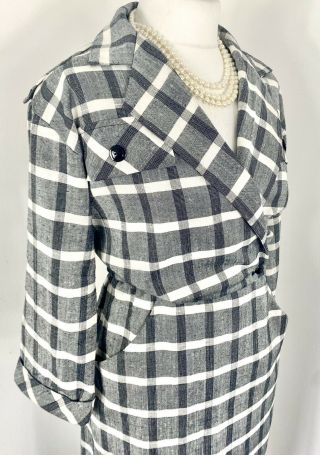 Vtg 60s 70s Black White Gingham Check Knit Wrap Midi Dress W Pockets - 14 16