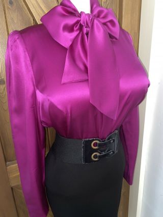 Vintage Extreme Shine Liquid Satin Pussy Bow Blouse Size 14,  16 Bust 46ins
