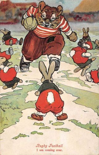 Rugby Football Badger And Rabbits Sports Humor Vintage Postcard Aa29266