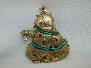 Vintage Signed Lia Cat Christmas Tree Glass Star Topper Gold Tone Brooch Pin