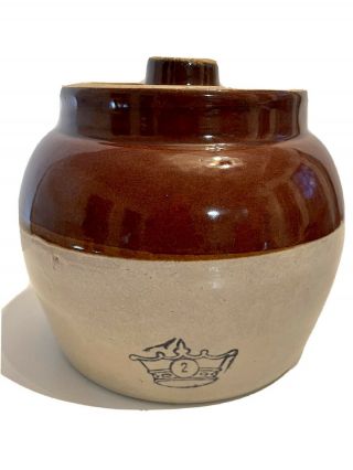 Vintage Ransbottom Stoneware 2 Quart Bean Pot Crock & Lid With Blue Crown Emblem