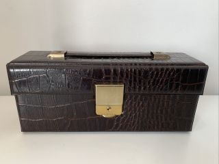 Vintage Retro Cassette Tape Carry Case Box Brown Faux Crocodile Skin.  1980s