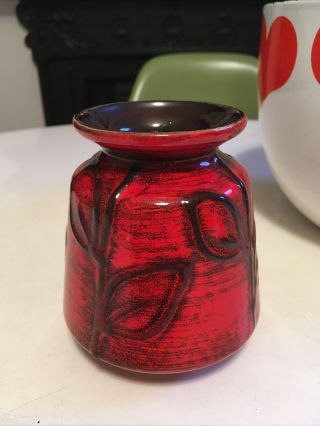 Vintage Rare Small West German Red Textured Fat Lava Leaf Design Vase Marked 5.