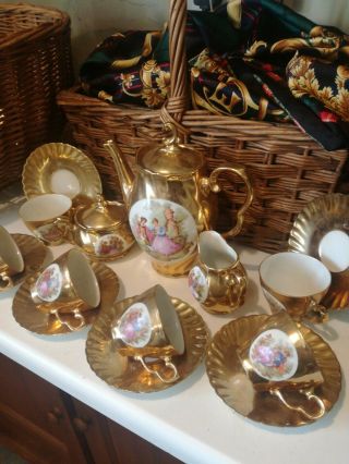 Vintage Czechoslovakia Porcelain Tea Set Gold Lustre Rococo Scene