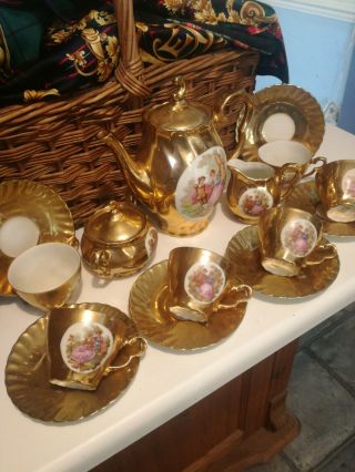 Vintage Czechoslovakia Porcelain Tea Set gold Lustre Rococo Scene 2